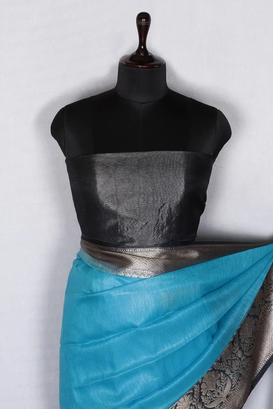 Banarasi Silk Linen Saree | Black and Gold Zari Border | Blue Body | KIHUMS Saree kihums clothing