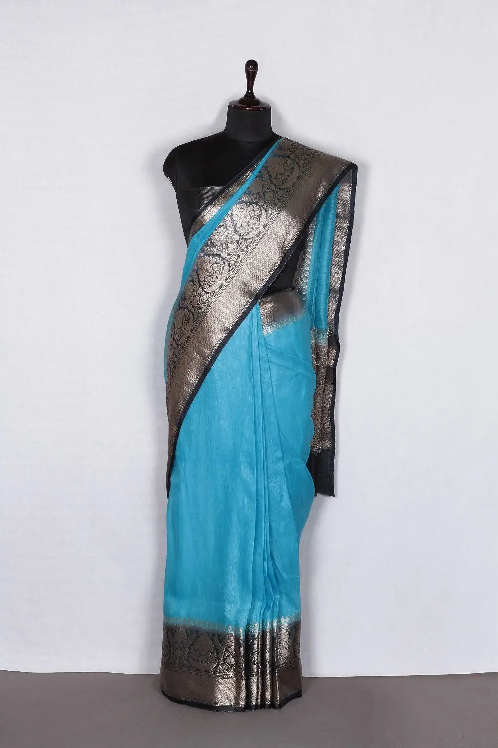 Banarasi Silk Linen Saree | Black and Gold Zari Border | Blue Body | KIHUMS Saree kihums clothing