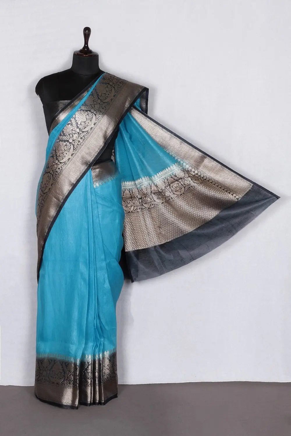 Banarasi Silk Linen Saree | Black and Gold Zari Border | Blue Body | KIHUMS Saree kihums clothing