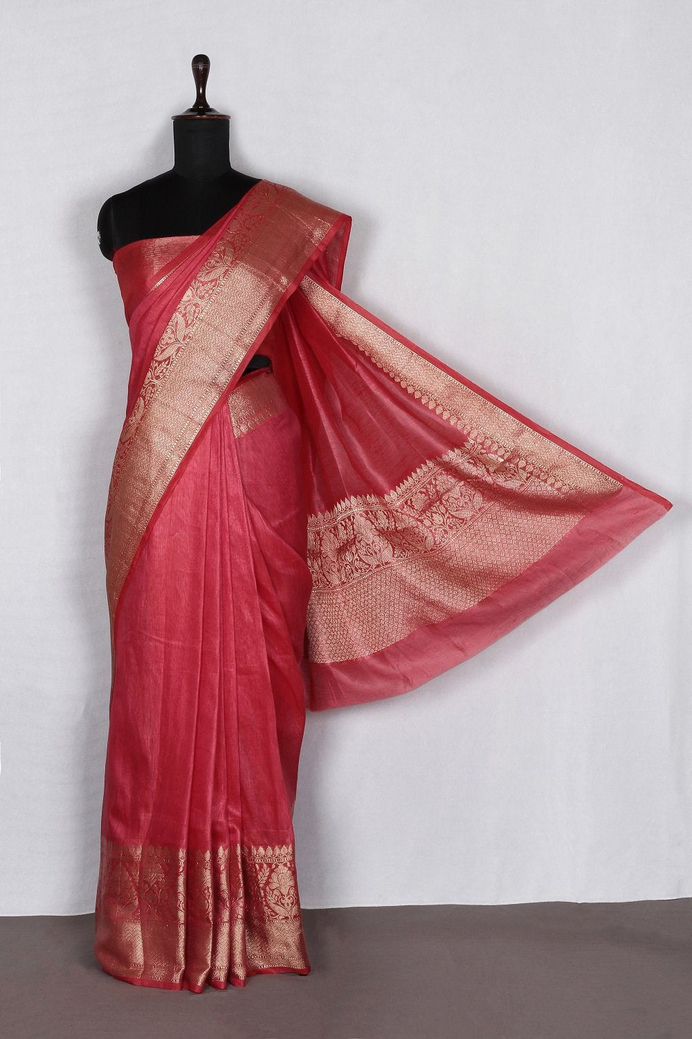 Banarasi Silk Linen Saree | Gold Zari Border | Red Body | KIHUMS Saree