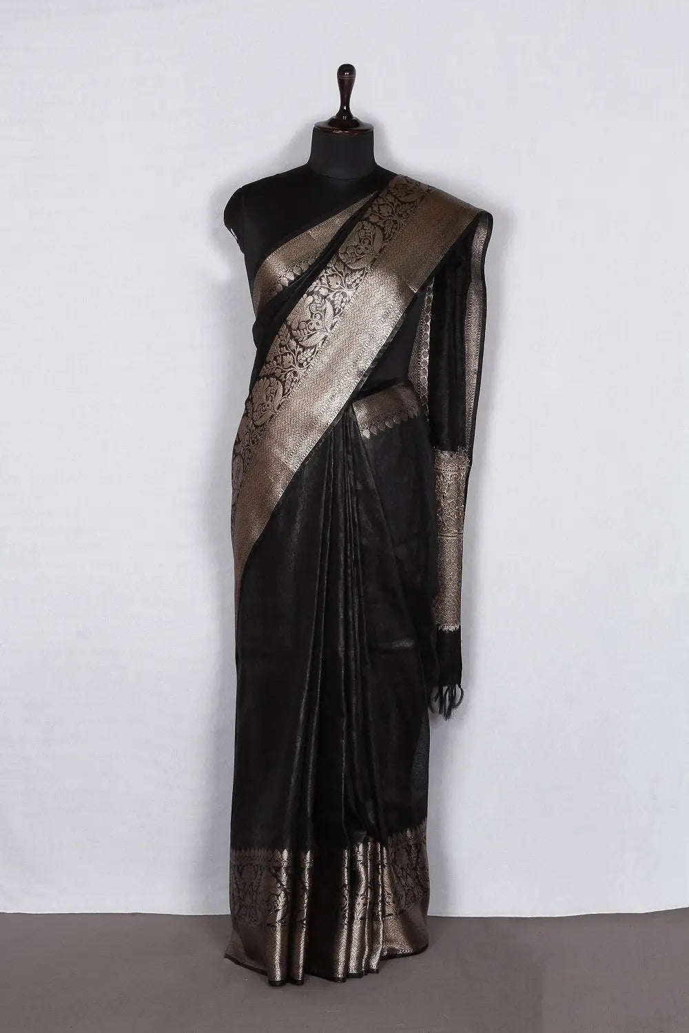 Banarasi Silk Linen Saree | Gold Zari Border | Black Body | KIHUMS Saree kihums clothing