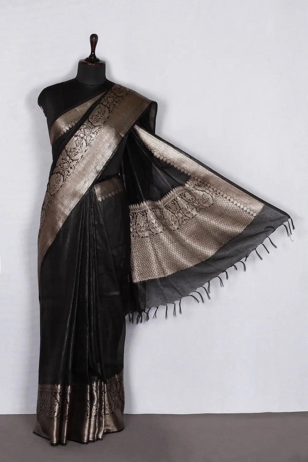 Banarasi Silk Linen Saree | Gold Zari Border | Black Body | KIHUMS Saree kihums clothing
