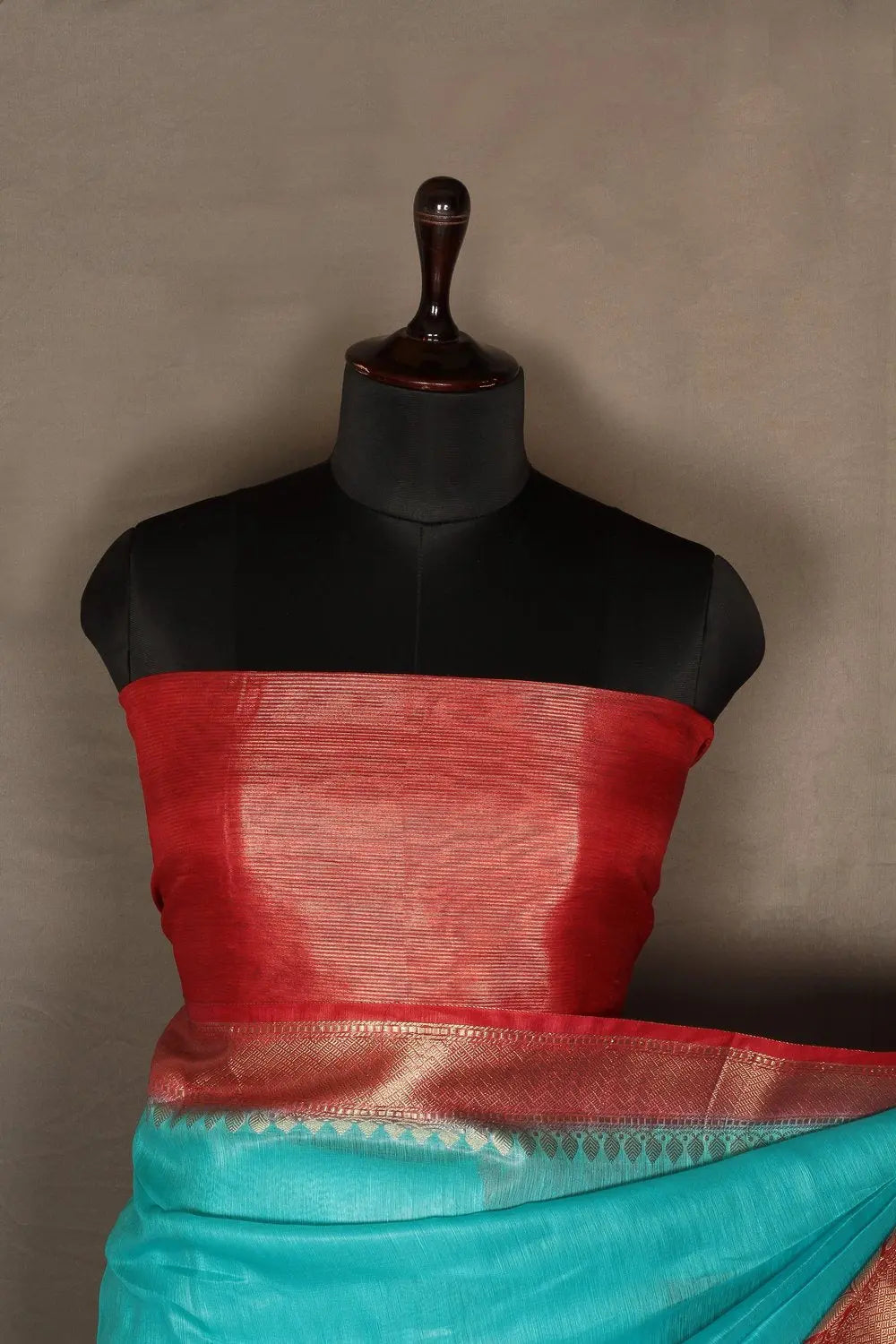 Banarasi Silk Linen Saree | Red and Gold Zari Border | Turquoise Body | KIHUMS Saree kihums clothing