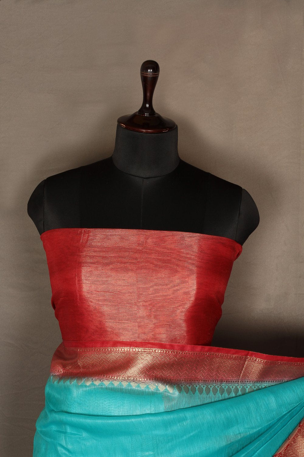 Banarasi Silk Linen Saree | Red and Gold Zari Border | Turquoise Body | KIHUMS Saree