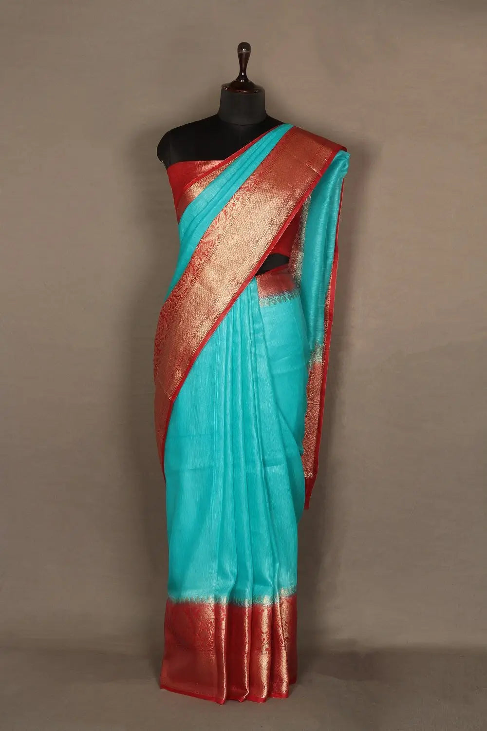 Banarasi Silk Linen Saree | Red and Gold Zari Border | Turquoise Body | KIHUMS Saree kihums clothing