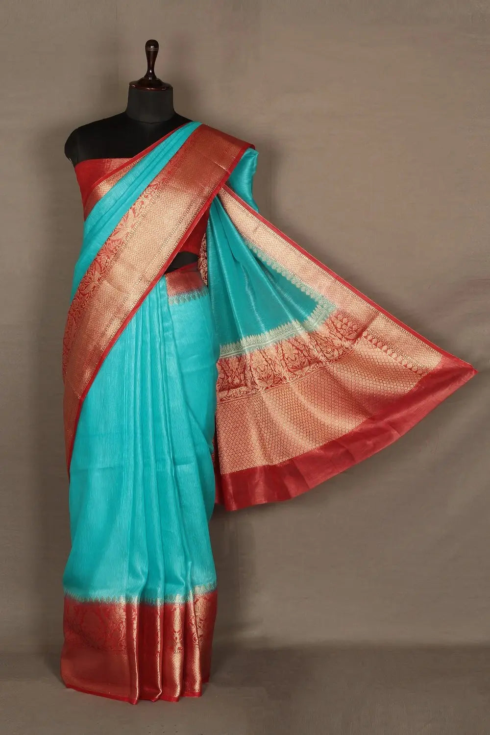 Banarasi Silk Linen Saree | Red and Gold Zari Border | Turquoise Body | KIHUMS Saree kihums clothing