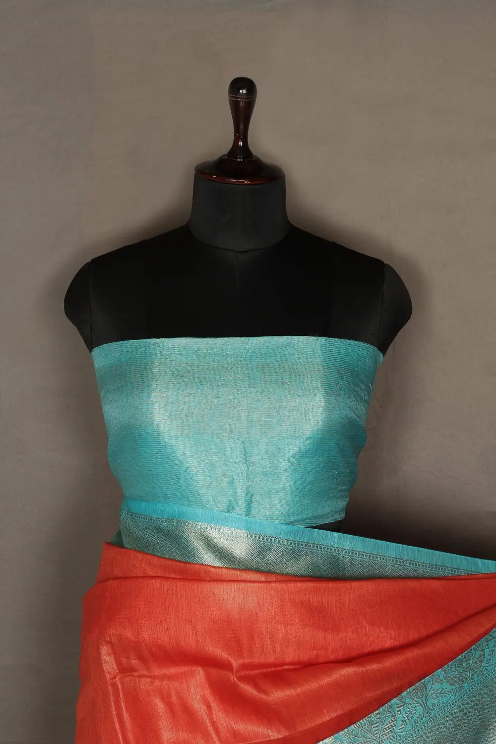 Banarasi Silk Linen Saree | Blue and Gold Zari Border | Orange Body | KIHUMS Saree kihums clothing