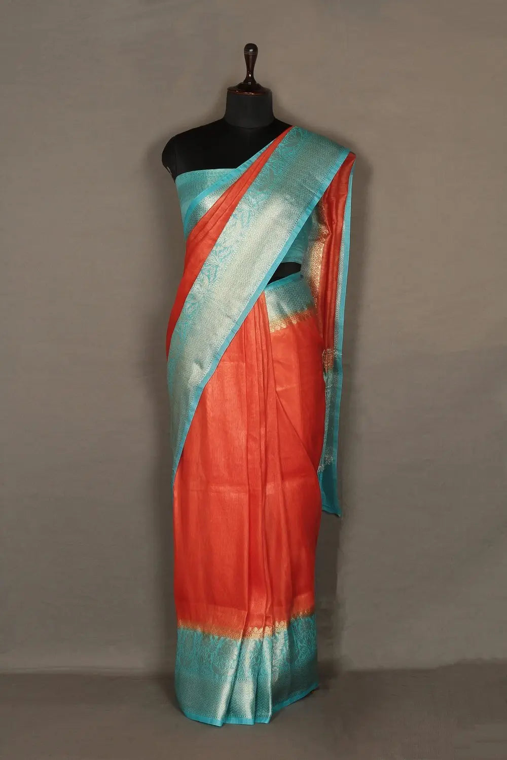 Banarasi Silk Linen Saree | Blue and Gold Zari Border | Orange Body | KIHUMS Saree kihums clothing