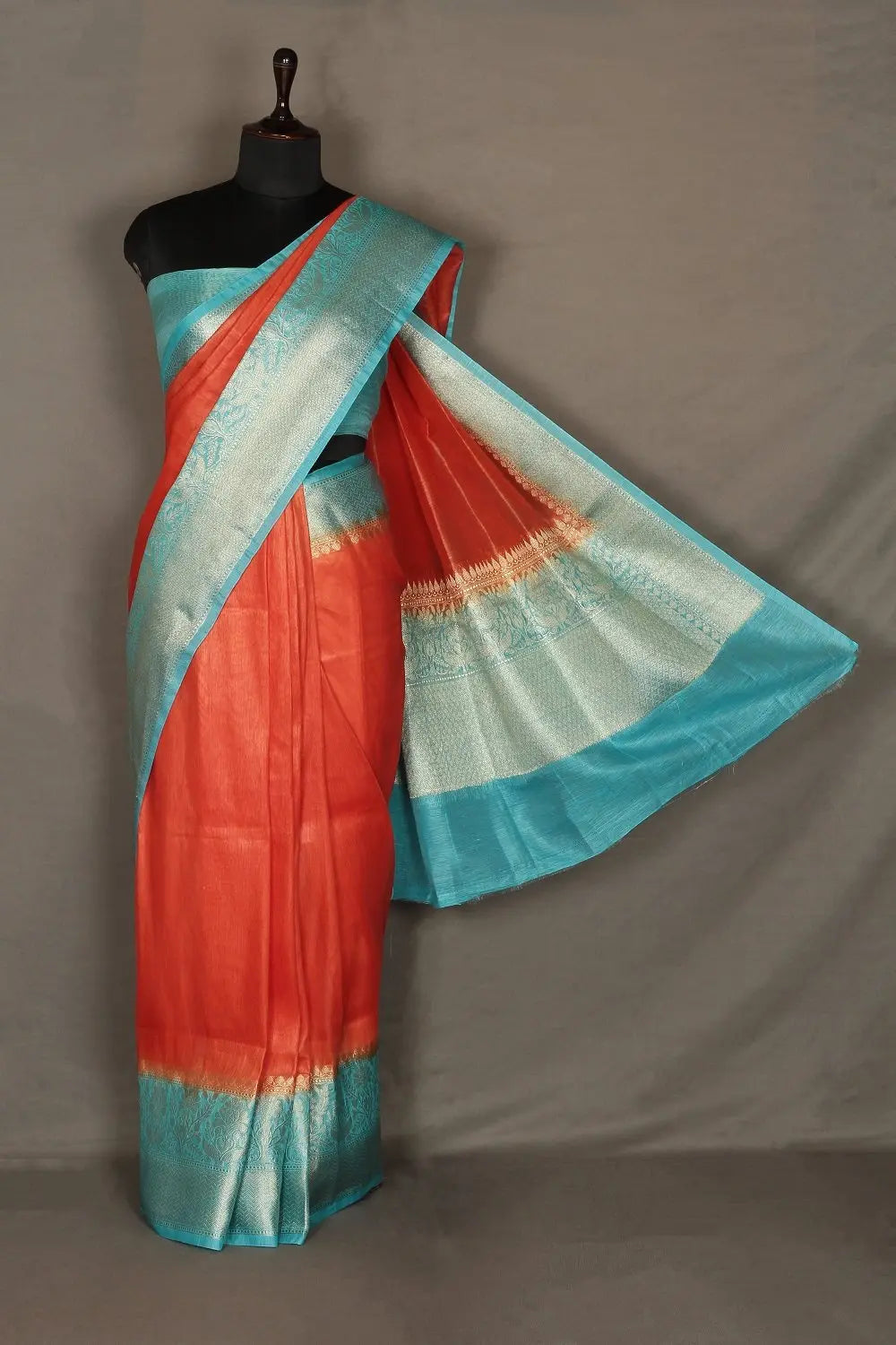 Banarasi Silk Linen Saree | Blue and Gold Zari Border | Orange Body | KIHUMS Saree kihums clothing