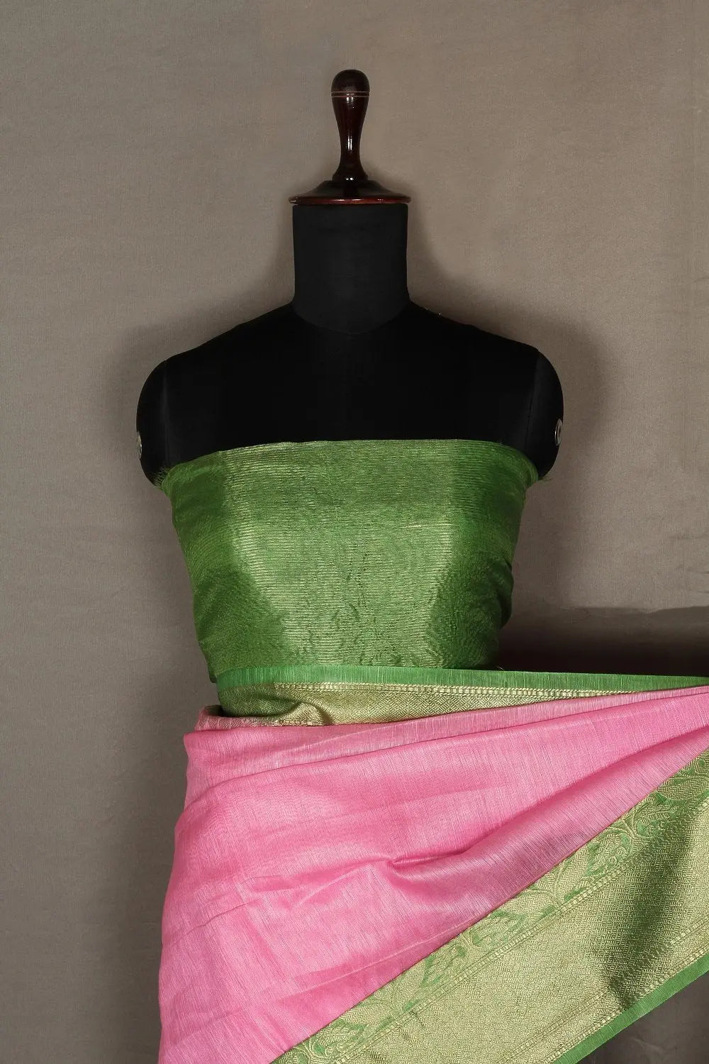 Banarasi Silk Linen Saree | Green and Gold Zari Border | Pink Body | KIHUMS Saree kihums clothing