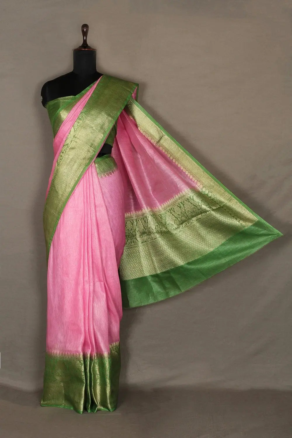 Banarasi Silk Linen Saree | Green and Gold Zari Border | Pink Body | KIHUMS Saree kihums clothing
