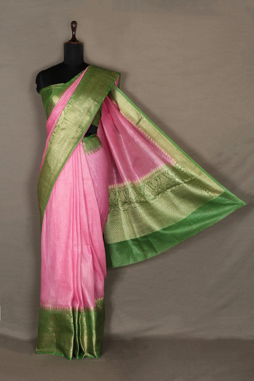 Banarasi Silk Linen Saree | Green and Gold Zari Border | Pink Body | KIHUMS Saree