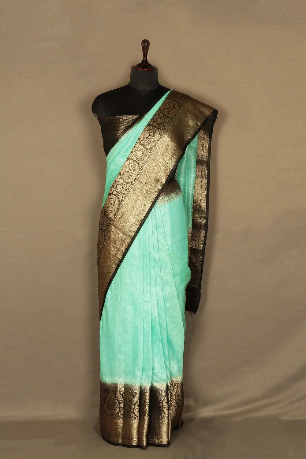 Banarasi Silk Linen Saree | Black and Gold Zari Border | Pista Body | KIHUMS Saree kihums clothing