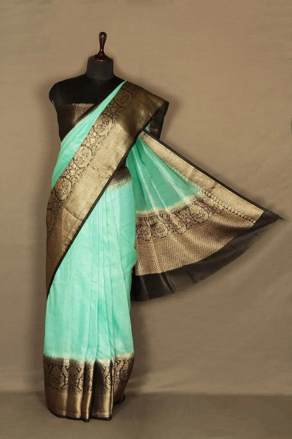 Banarasi Silk Linen Saree | Black and Gold Zari Border | Pista Body | KIHUMS Saree kihums clothing