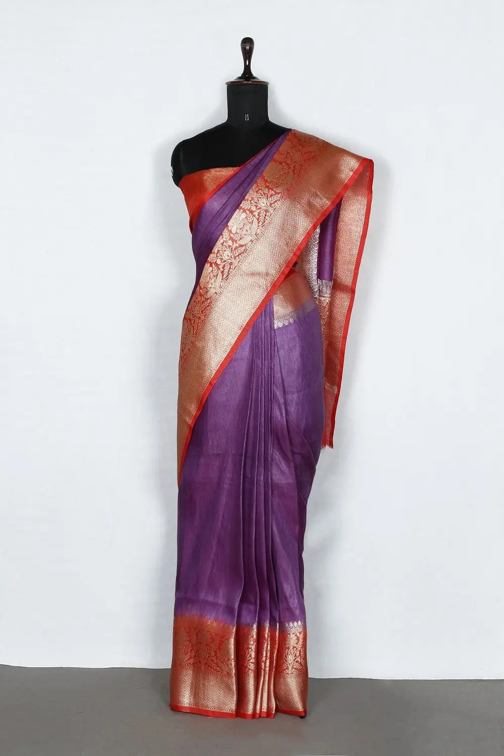 Banarasi Silk Linen Saree | Red and Gold Zari Border | Purple Body | KIHUMS Saree kihums clothing