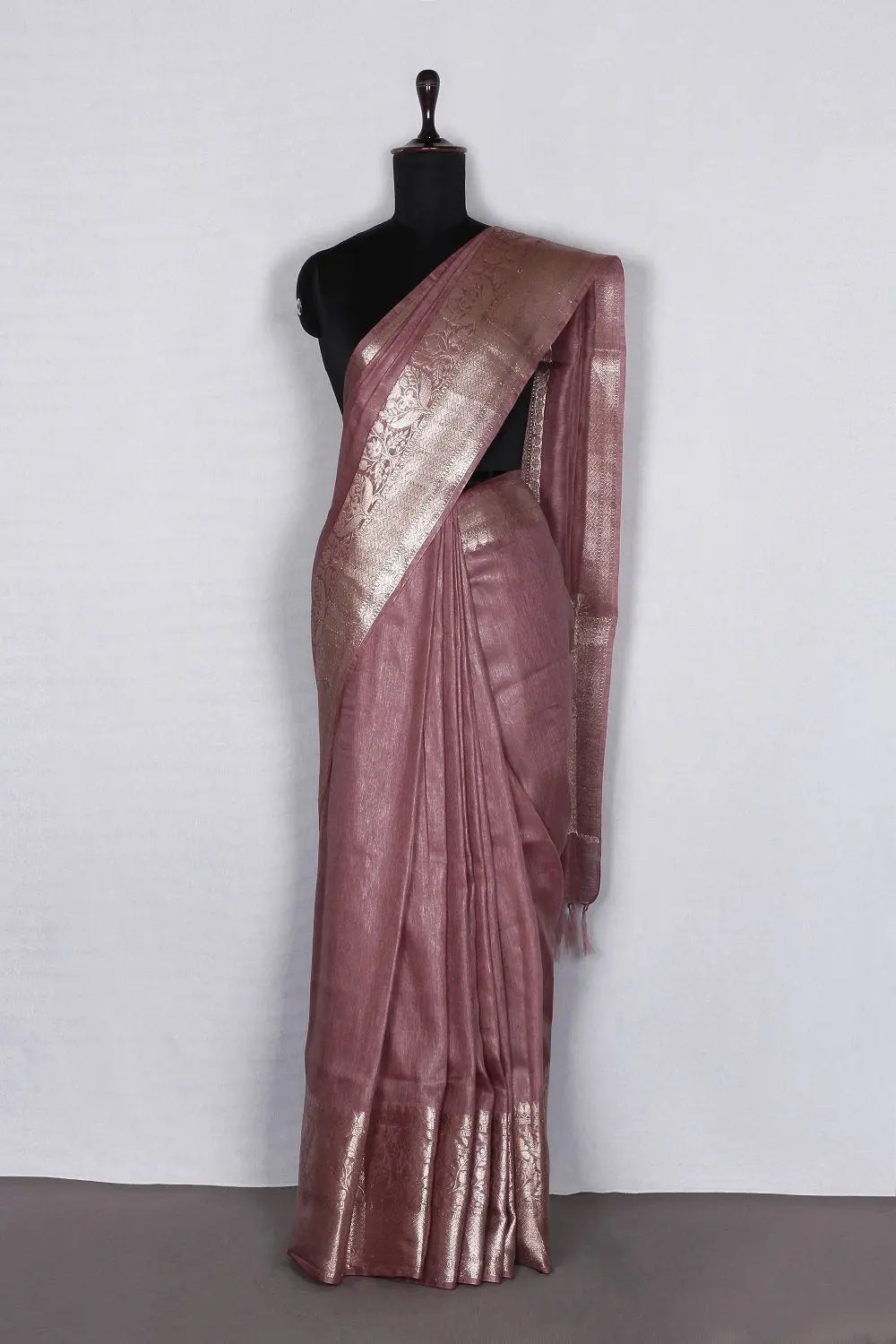 Banarasi Silk Linen Saree | Gold Zari Border | Light Coffee Body | KIHUMS Saree kihums clothing