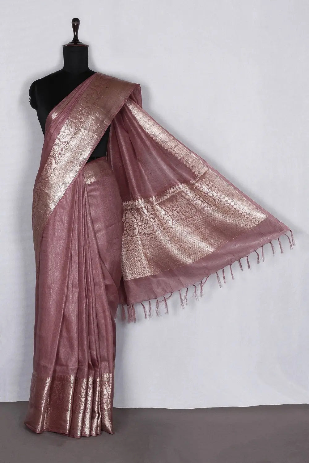 Banarasi Silk Linen Saree | Gold Zari Border | Light Coffee Body | KIHUMS Saree kihums clothing
