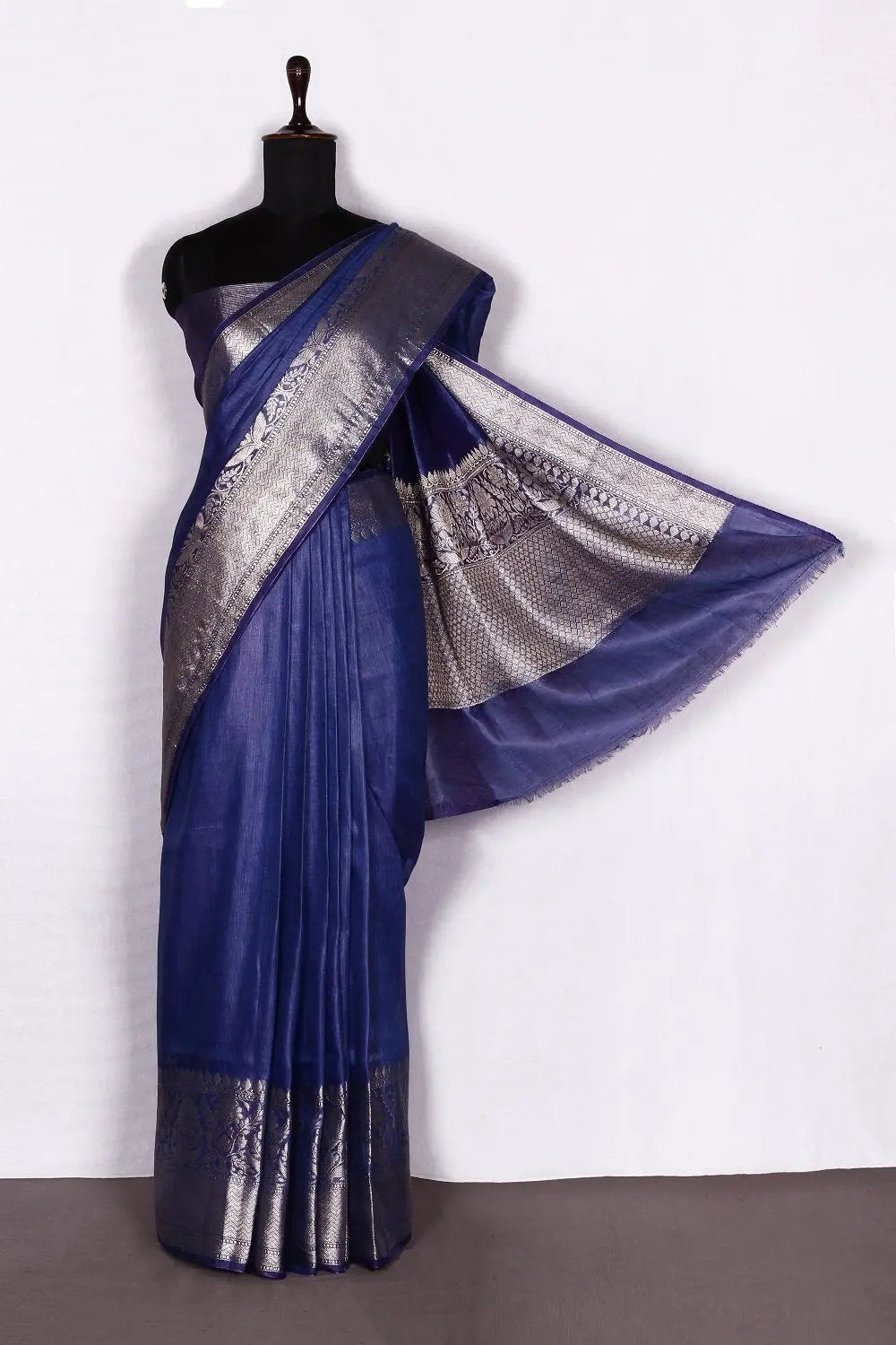 Banarasi Silk Linen Saree | Gold Zari Border | Blue Body | KIHUMS Saree kihums clothing
