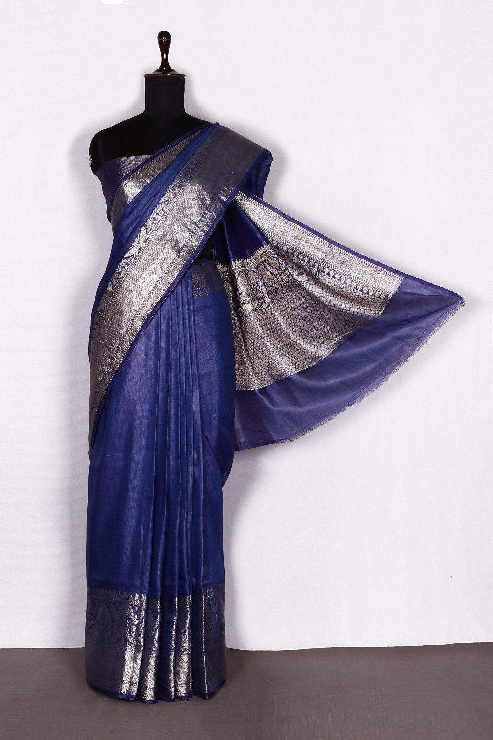 Banarasi Silk Linen Saree | Gold Zari Border | Blue Body | KIHUMS Saree
