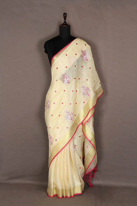 Cream shade Handwoven Organic Linen Saree with Floral Embroidery | KIHUMS Saree kihums clothing