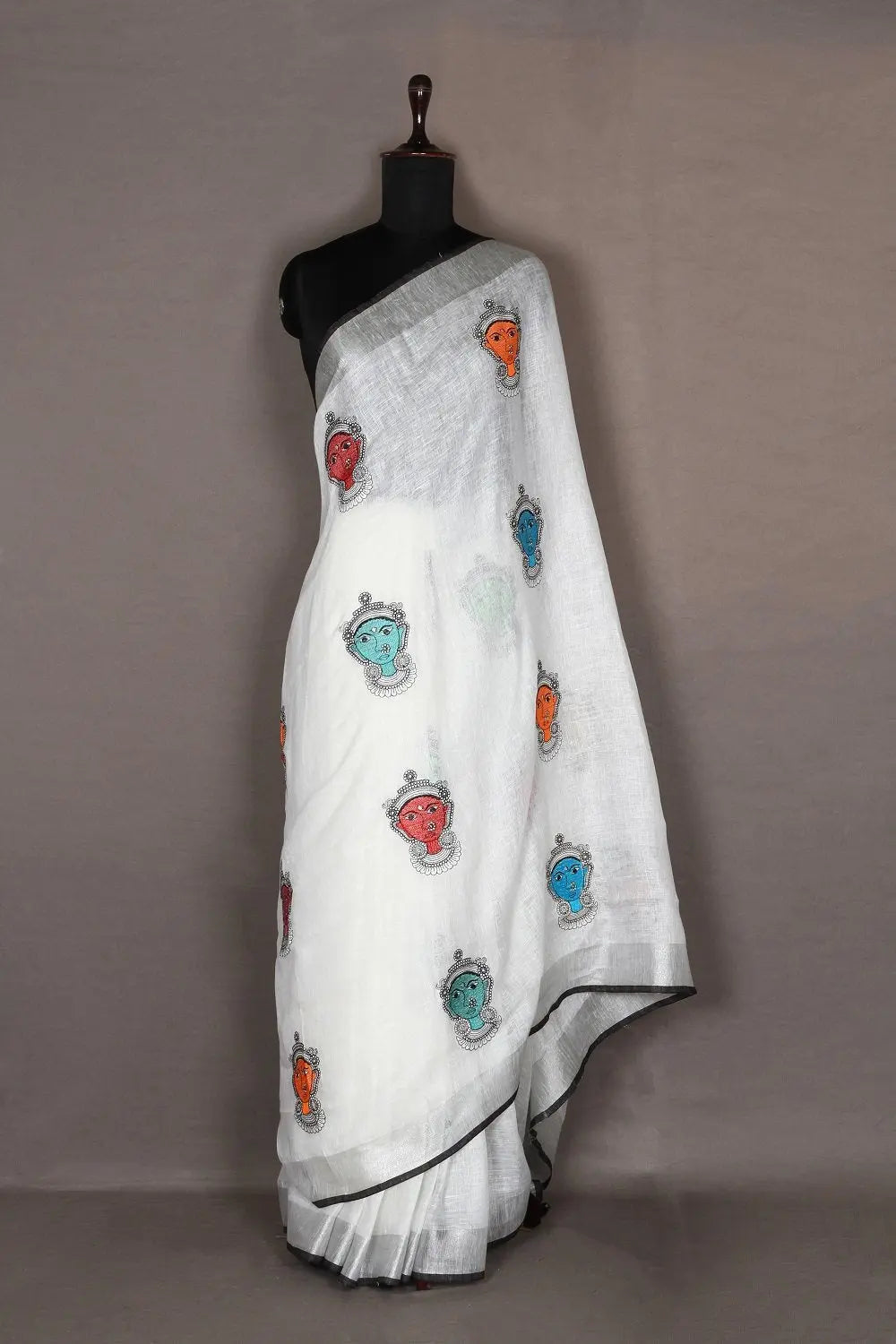 White shade Handwoven Organic Linen Saree with Embroidery Work | KIHUMS Saree kihums clothing