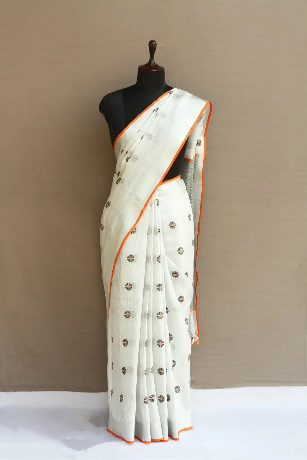 White shade Handwoven Organic Linen Saree with Embroidery Work | KIHUMS Saree kihums clothing