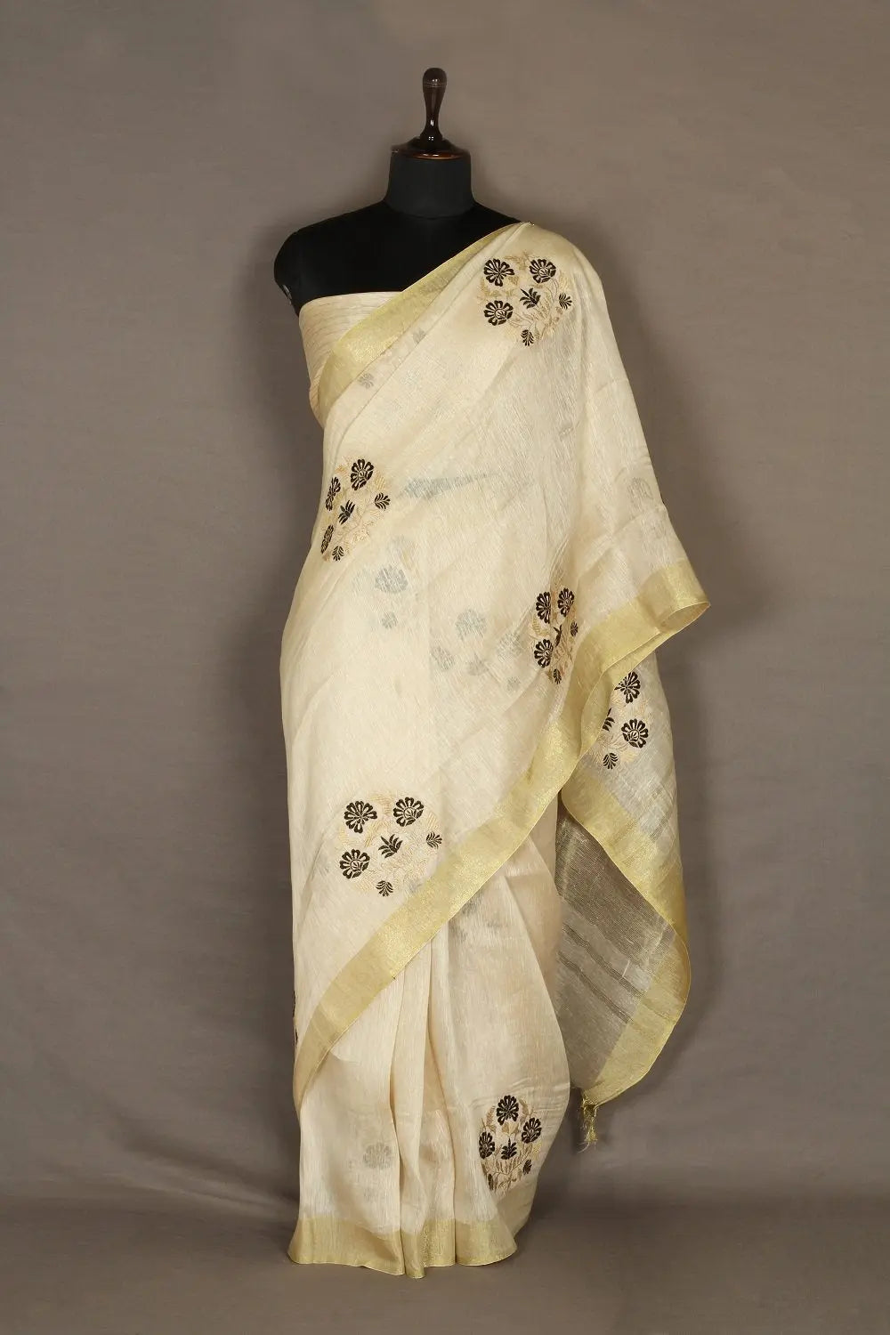 Off White shade Handwoven Organic Linen Saree with Embroidery Work | KIHUMS Saree kihums clothing