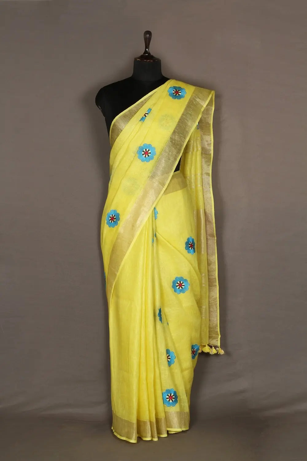 Yellow shade Handwoven Organic Linen Saree with Embroidery Work | KIHUMS Saree kihums clothing