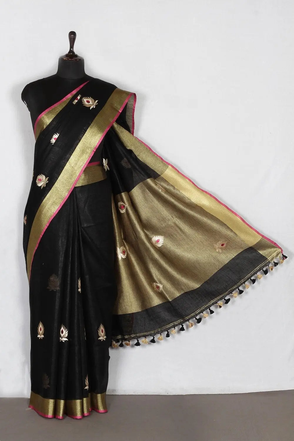 Black shade Handwoven Organic Linen Saree with Embroidery Work | KIHUMS Saree kihums clothing
