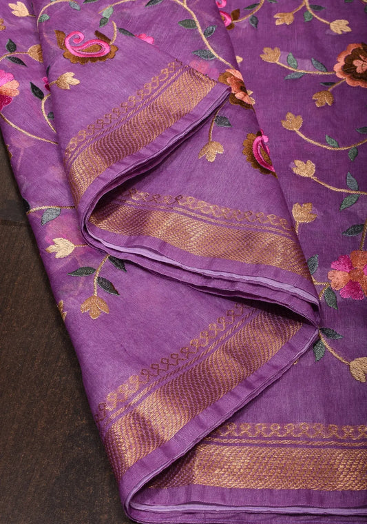 Floral Jaal embroidery on Silk Linen In Purple with woven zari borders| KIHUMS Saree kihums clothing