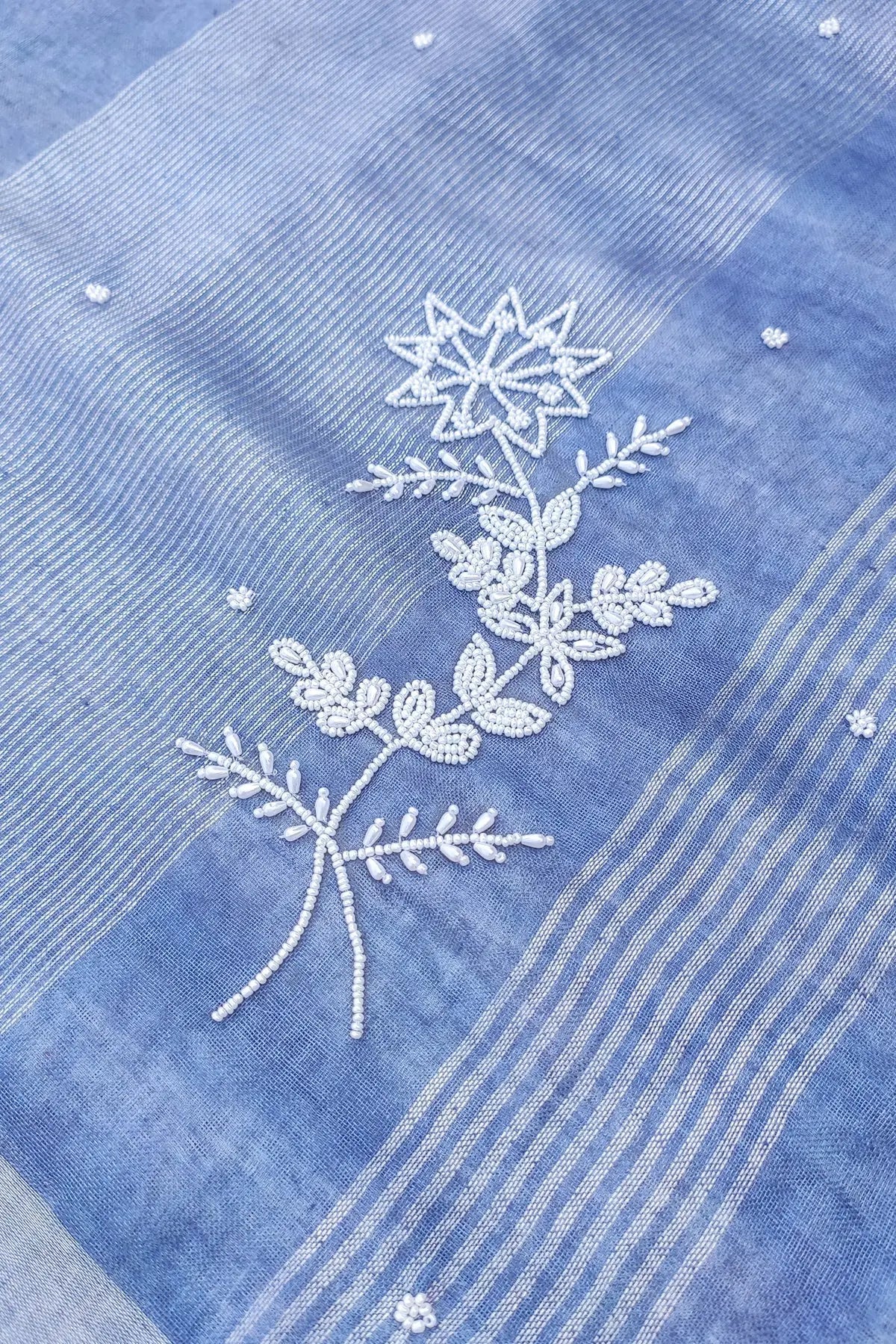 Blue and White Tie Dye Handwoven Linen Saree with Hand Embroidery Work kihums clothing