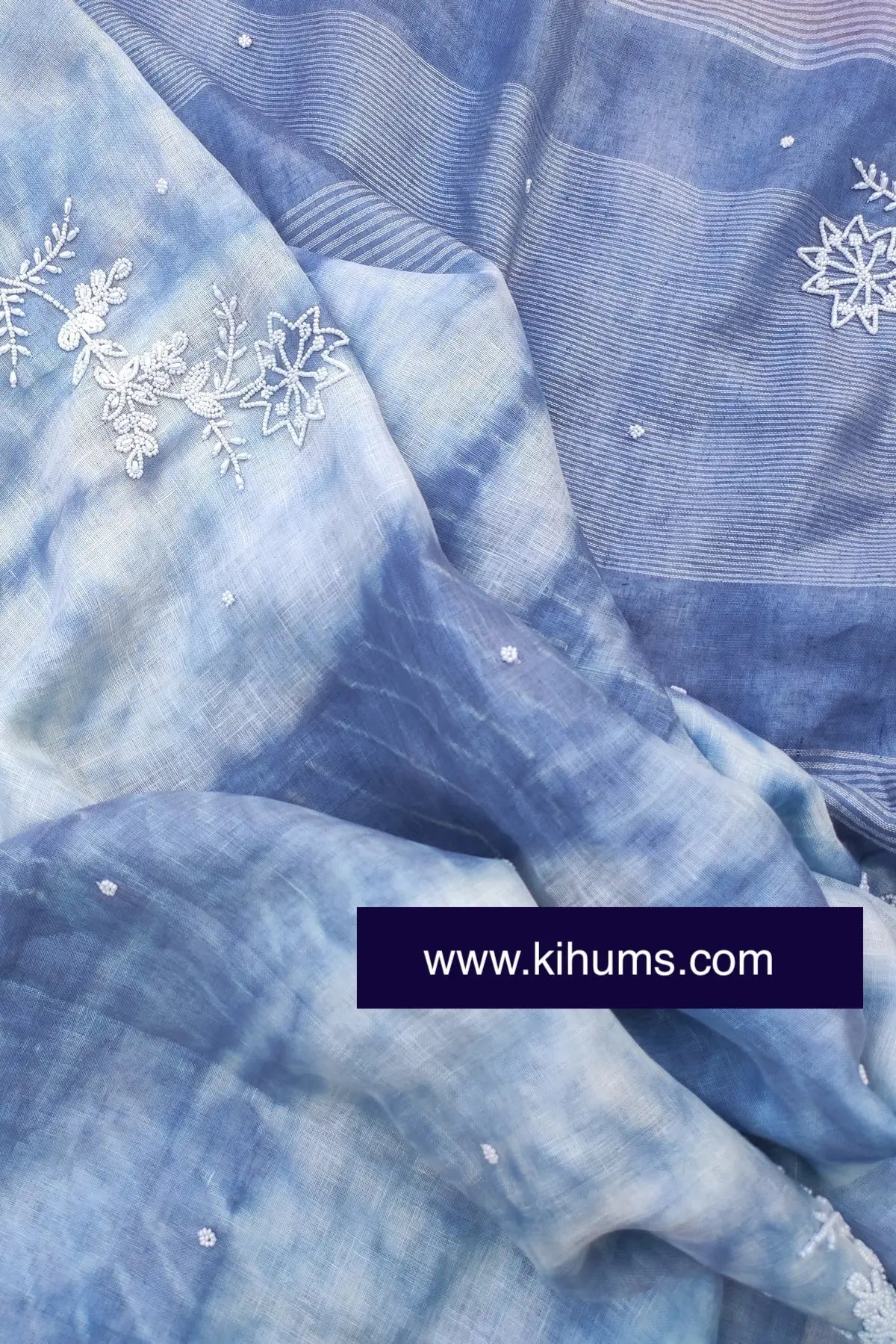 Blue and White Tie Dye Handwoven Linen Saree with Hand Embroidery Work kihums clothing