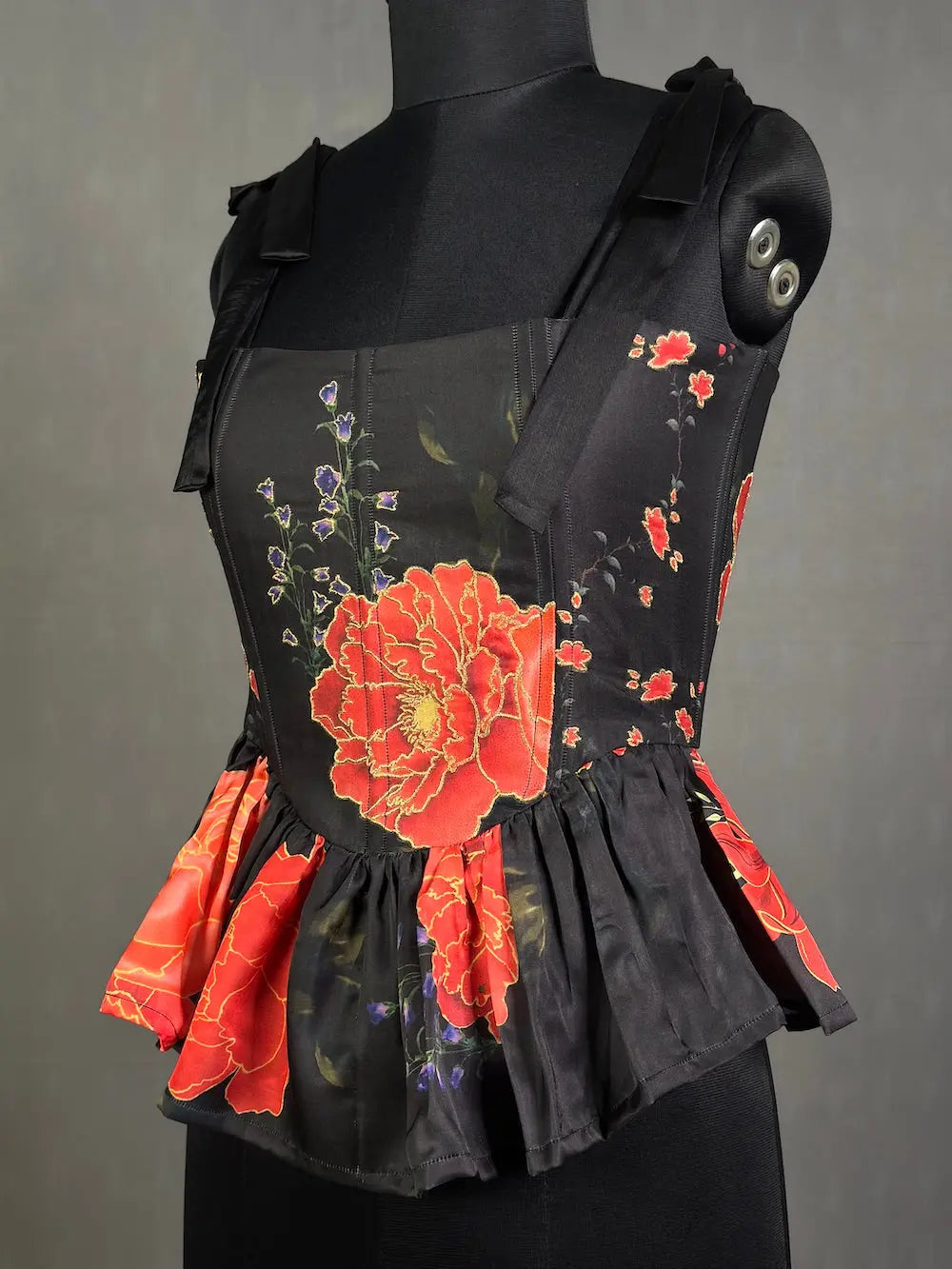 Black Elegant Printed Silk Corset tops for women with embroidery outline kihums clothing
