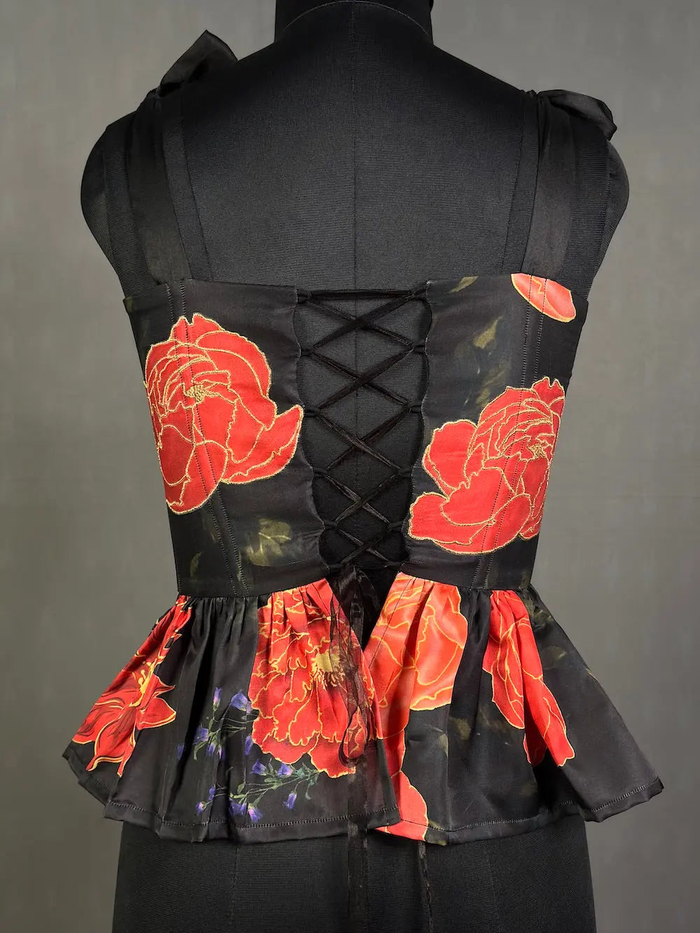 Black Elegant Printed Silk Corset tops for women with embroidery outline kihums clothing