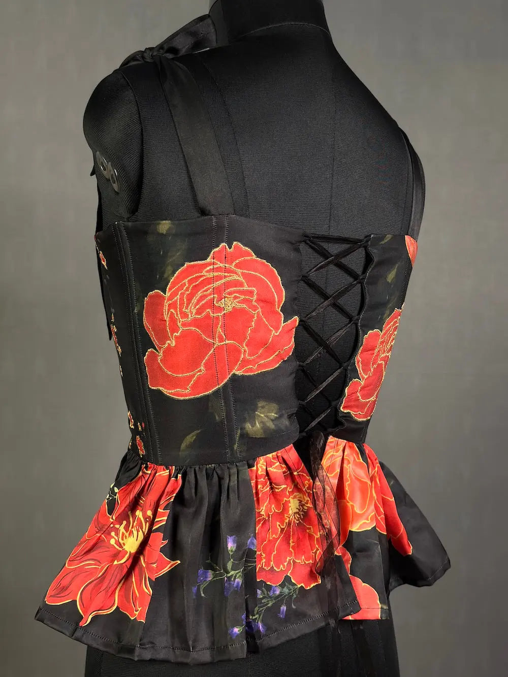 Black Elegant Printed Silk Corset tops for women with embroidery outline kihums clothing
