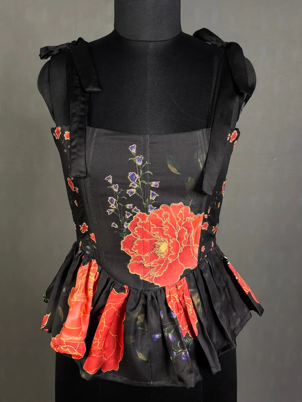 Black Elegant Printed Silk Corset tops for women with embroidery outline kihums clothing