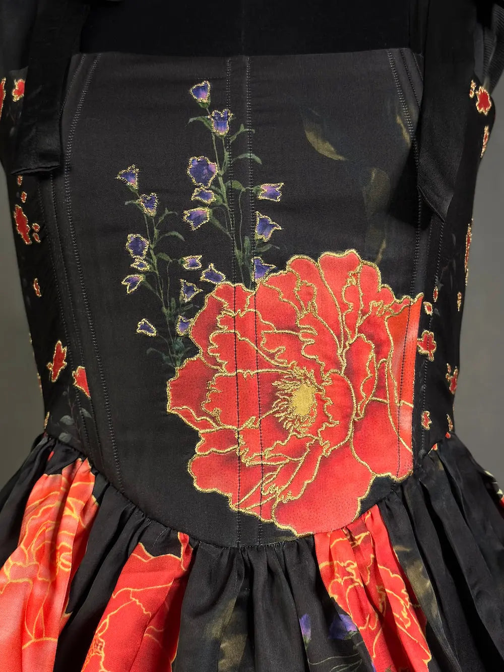 Black Elegant Printed Silk Corset tops for women with embroidery outline kihums clothing