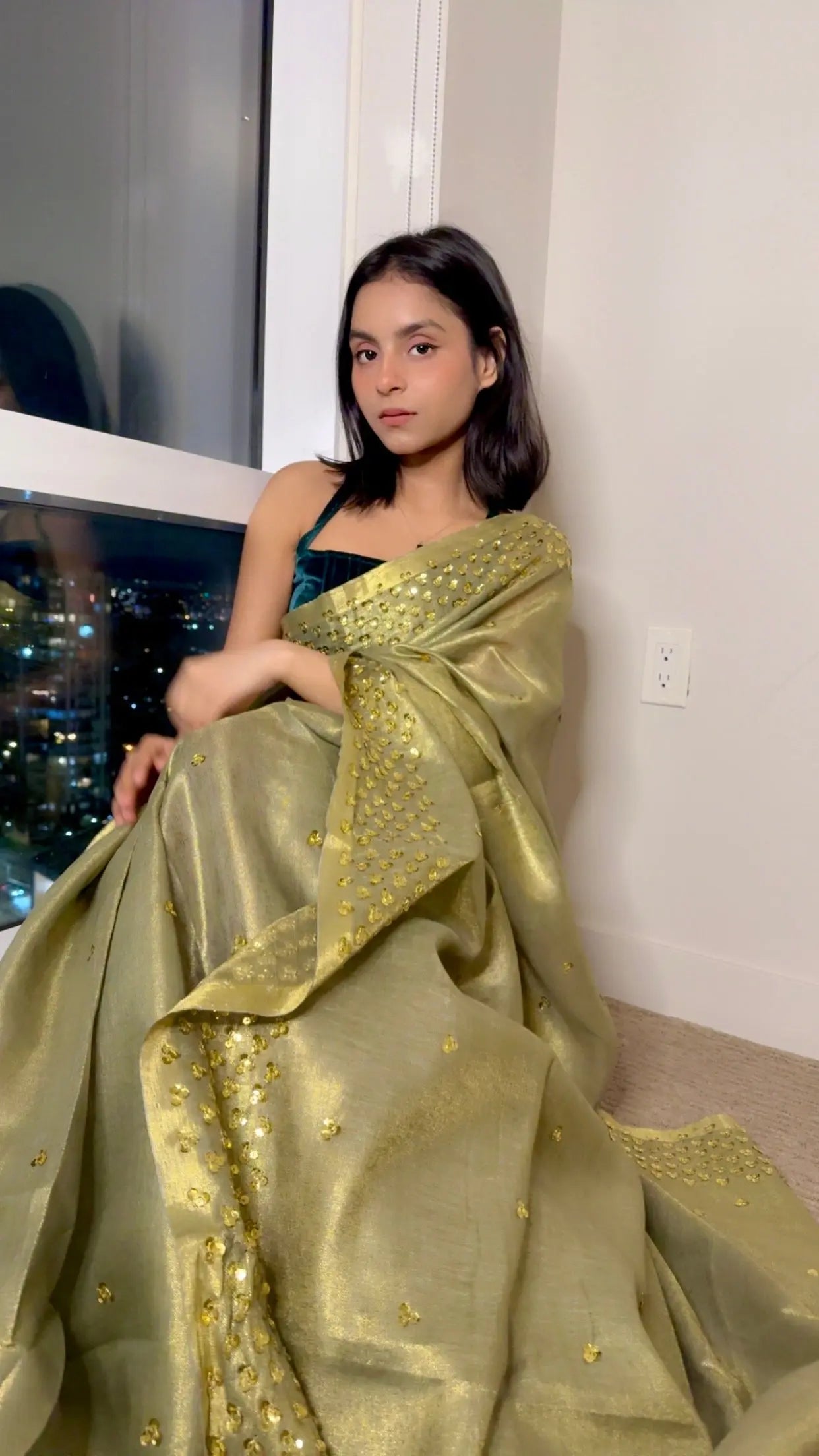 Green with Gold Zari Linen Embellished Gold shimmering Saree| Handwork | Sequins work KIHUMS Saree kihums clothing