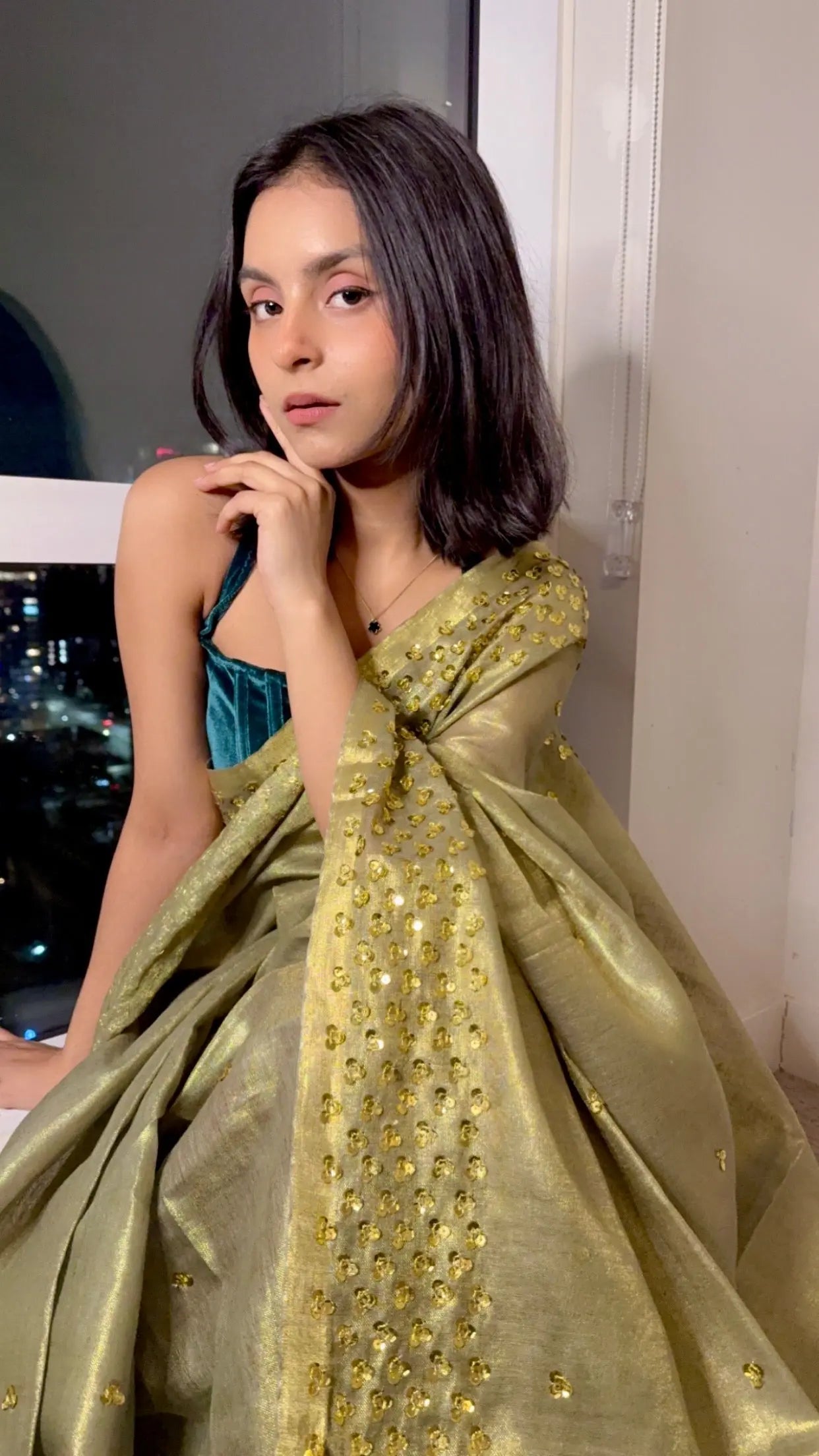 Green with Gold Zari Linen Embellished Gold shimmering Saree| Handwork | Sequins work KIHUMS Saree kihums clothing