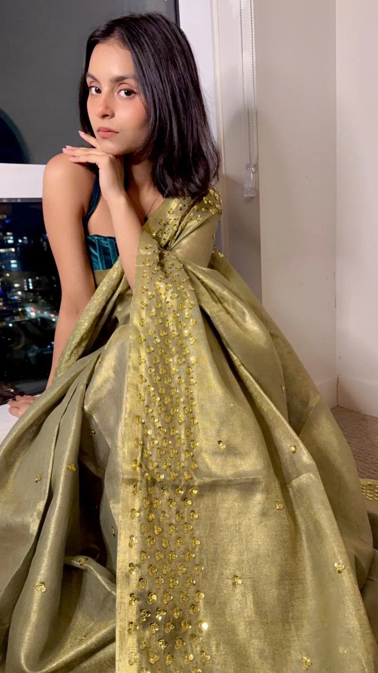 Green with Gold Zari Linen Embellished Gold shimmering Saree| Handwork | Sequins work KIHUMS Saree kihums clothing