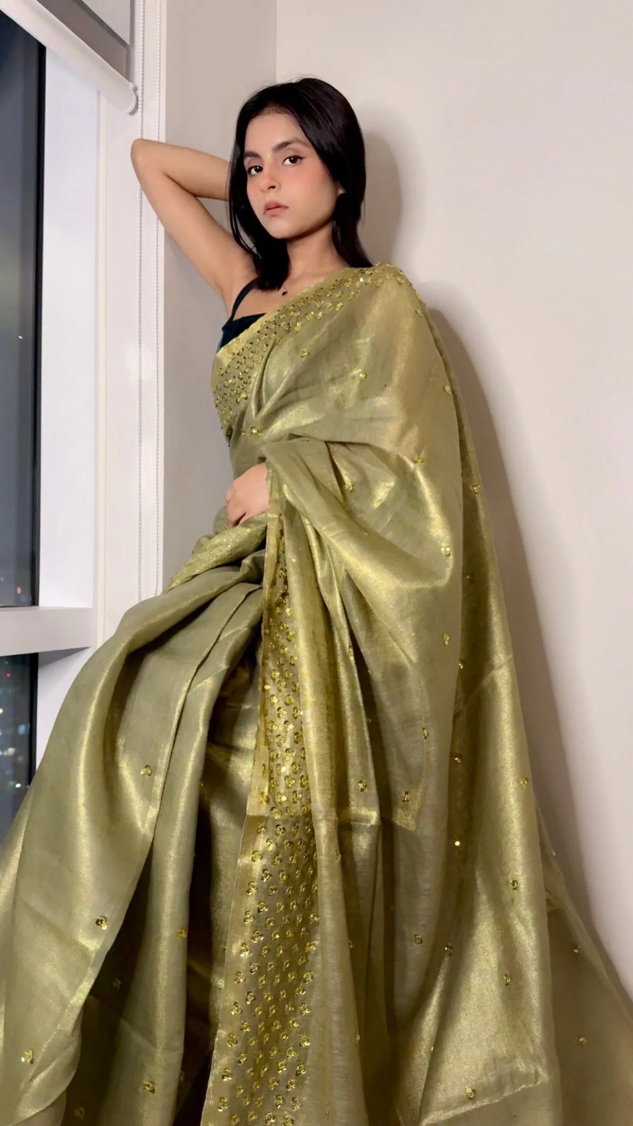 Green with Gold Zari Linen Embellished Gold shimmering Saree| Handwork | Sequins work KIHUMS Saree kihums clothing