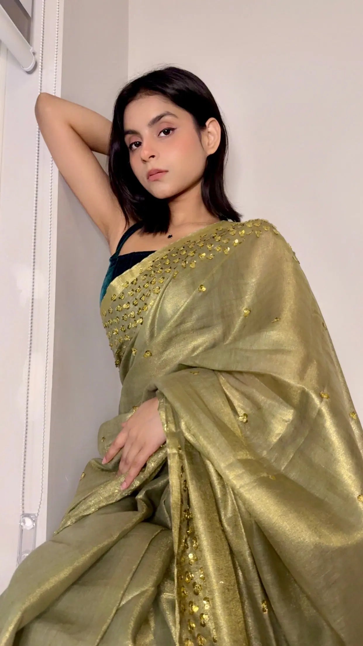 Green with Gold Zari Linen Embellished Gold shimmering Saree| Handwork | Sequins work KIHUMS Saree kihums clothing