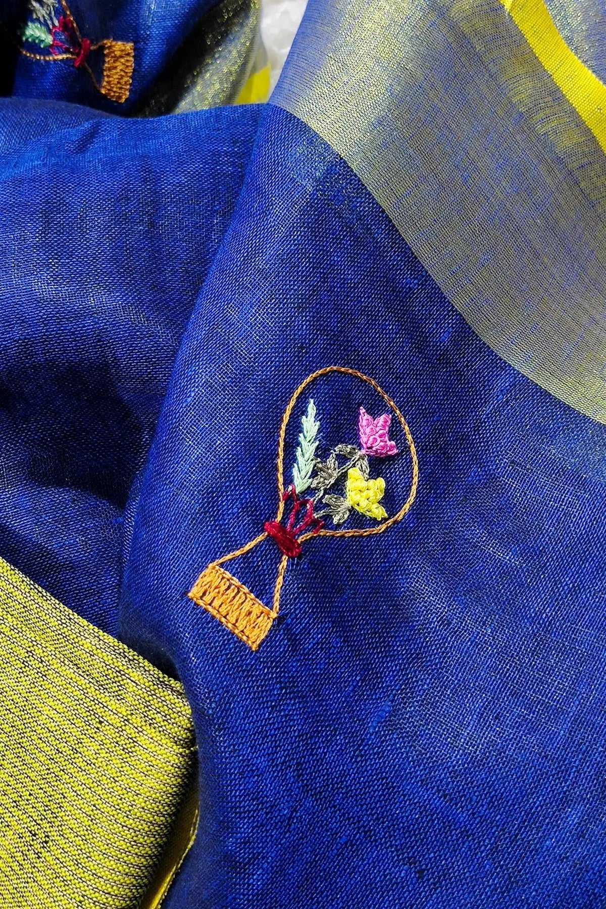 Blue Handwoven Zari Linen Saree with Hand Embroidery Work kihums clothing