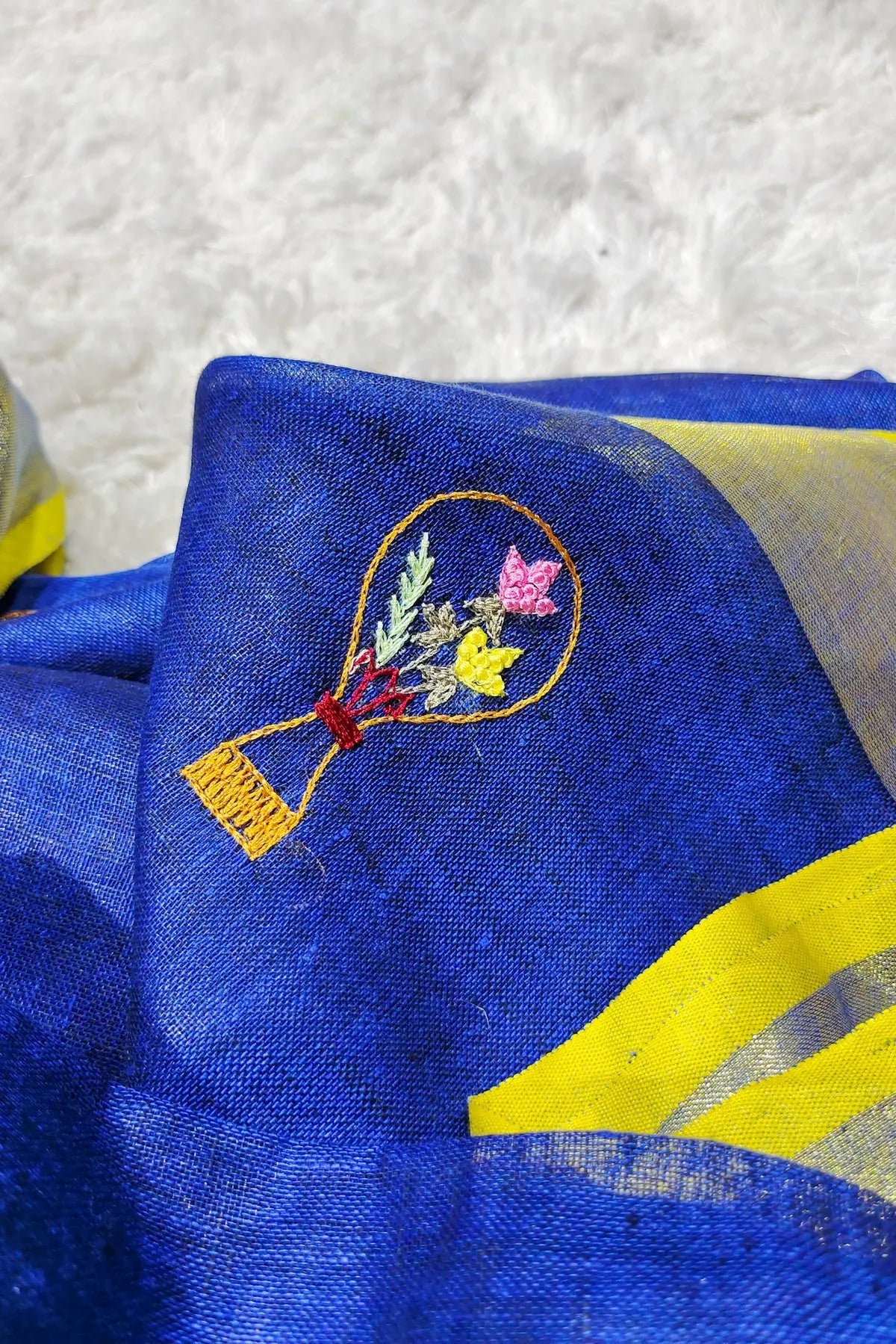 Blue Handwoven Zari Linen Saree with Hand Embroidery Work kihums clothing
