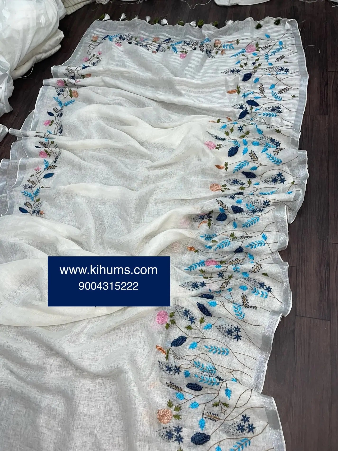 White Handwoven Linen Saree with Hand Embroidery Work | Silver Zari Border | KIHUMS Saree kihums clothing