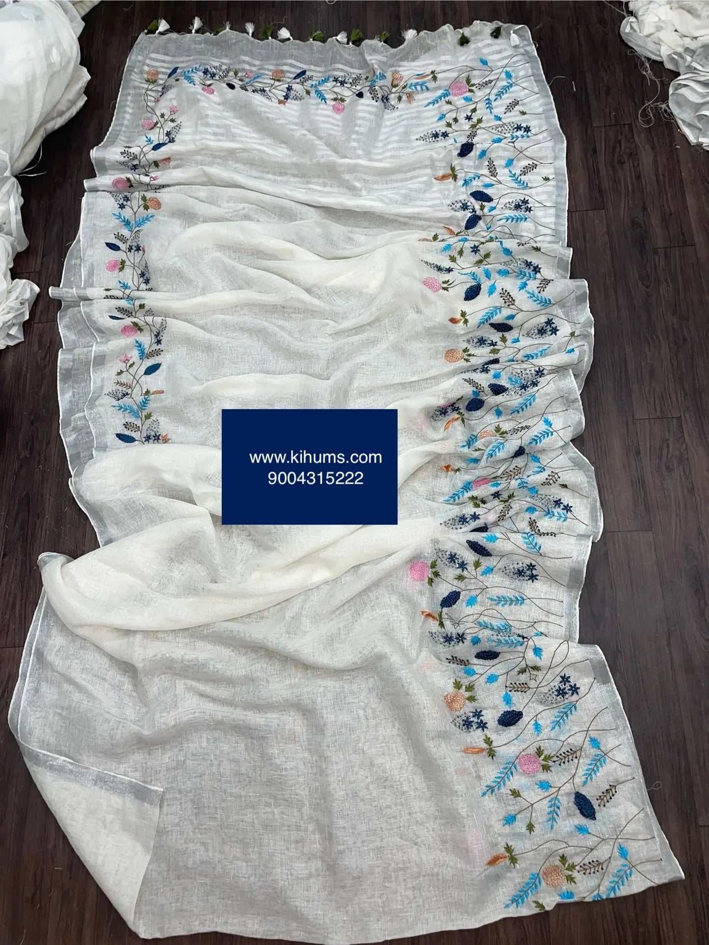 White Handwoven Linen Saree with Hand Embroidery Work | Silver Zari Border | KIHUMS Saree kihums clothing