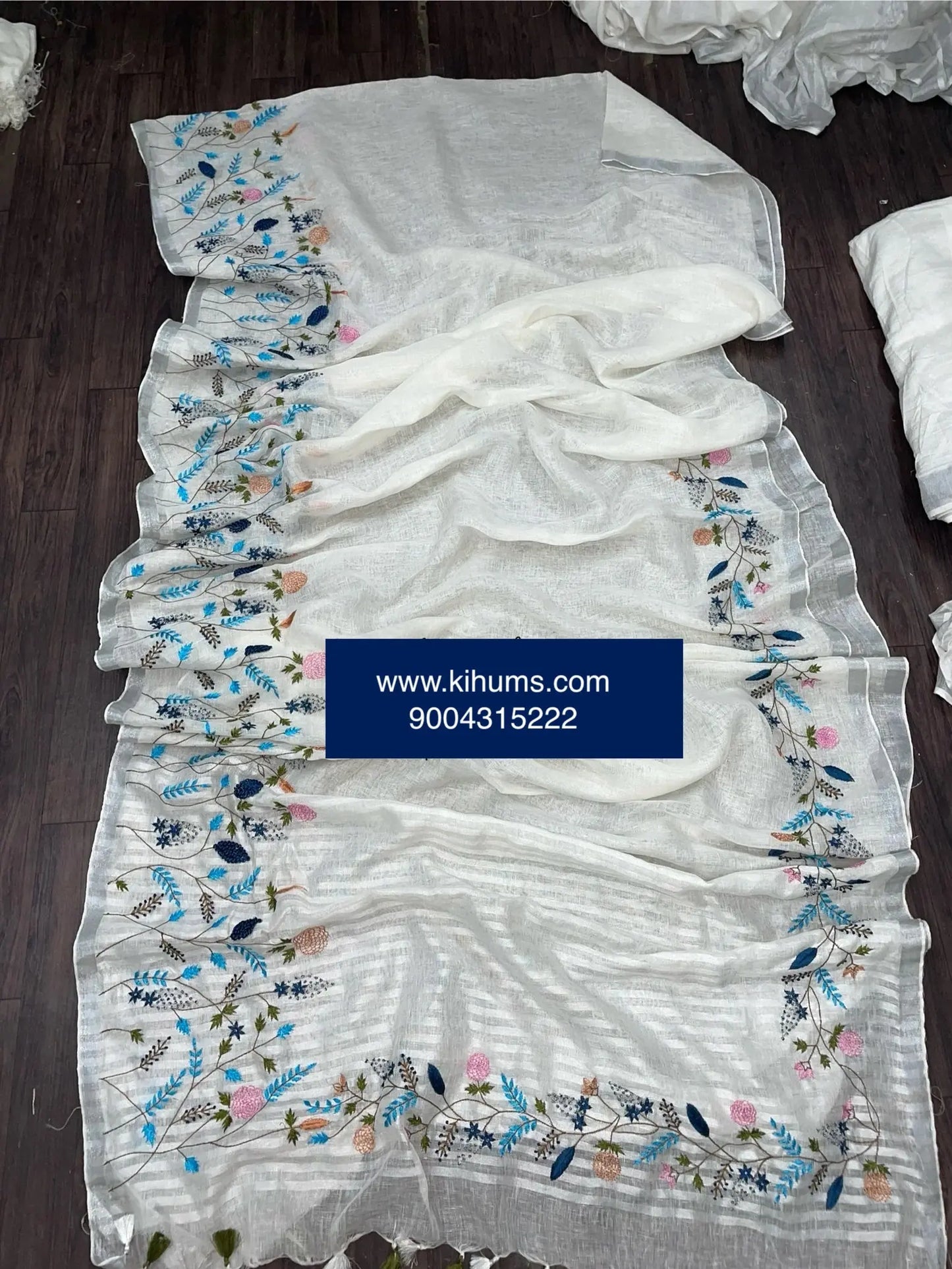 White Handwoven Linen Saree with Hand Embroidery Work | Silver Zari Border | KIHUMS Saree kihums clothing
