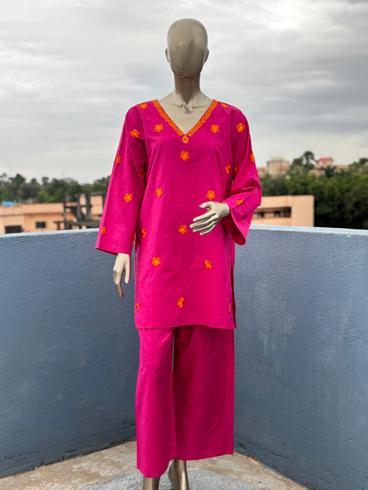 Hot Pink- Pakistani Silhouette Floral Embroidery Kurta Set kihums clothing