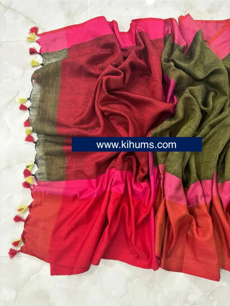 Desert Rose Handwoven Linen Saree | Contrast border | KIHUMS Saree kihums clothing