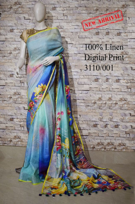 Blue Shade Floral Printed linen saree I Silver Zari BorderI Handwoven Saree I Pretty Sari | KIHUMS Saree
